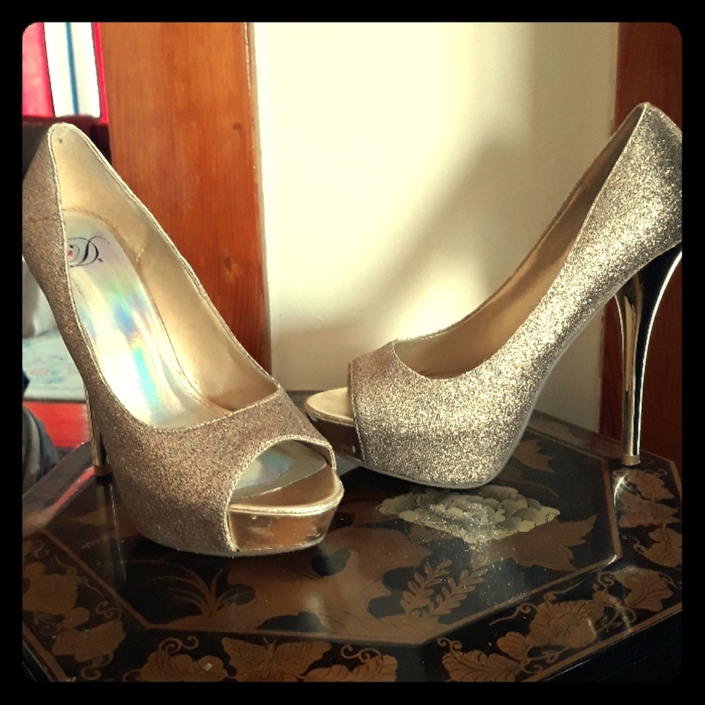 Gold Glitter Open Toe Platform High Heels